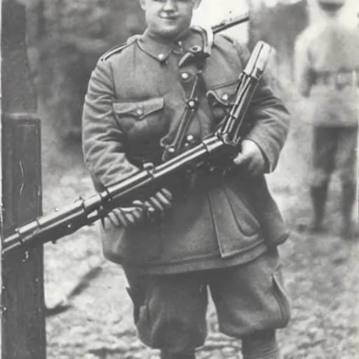 Image similar to old wartime photograph of spongebob squarepants holding a lewis gun, 1 9 1 7