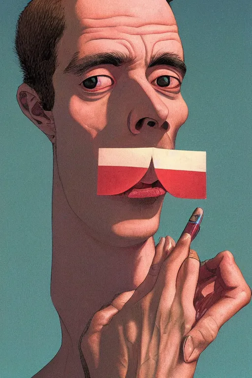 Image similar to a scifi closeup portrait of a young italian man licking a blotter paper of LSD acid on his tongue and dreaming psychedelic hallucinations in cosmos, by kawase hasui, moebius, Edward Hopper and James Gilleard, Zdzislaw Beksinski, Steven Outram colorful flat surreal design, hd, 8k, artstation