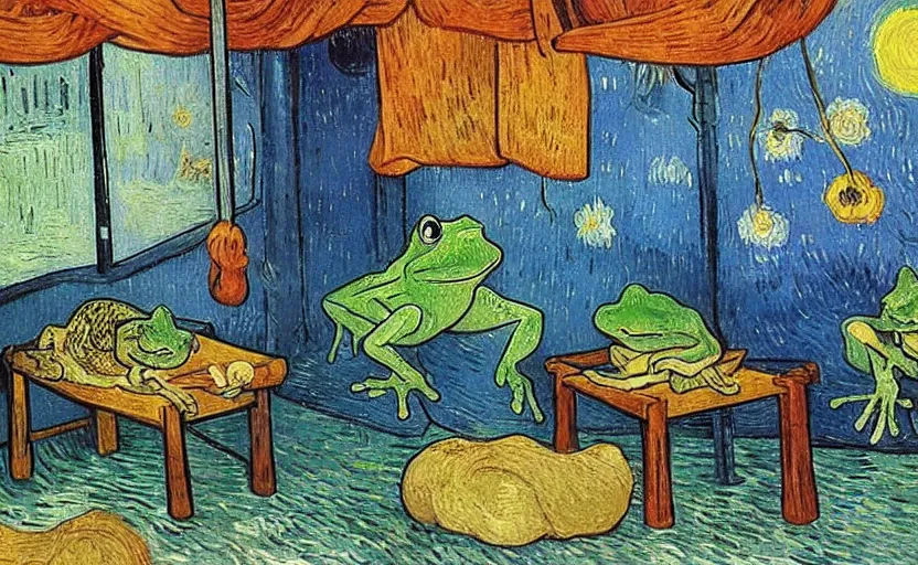 Prompt: crono, marle and frog chilling in comfy house with moody rain outside, painted by van gogh