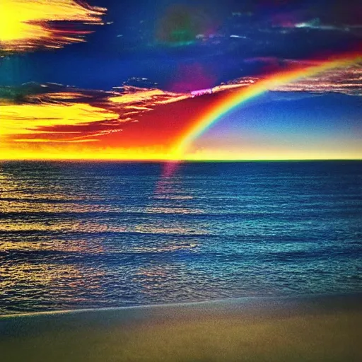 Prompt: captured image of a sun-dog, deeply saturated sky, ocean, tranquil, nostalgic