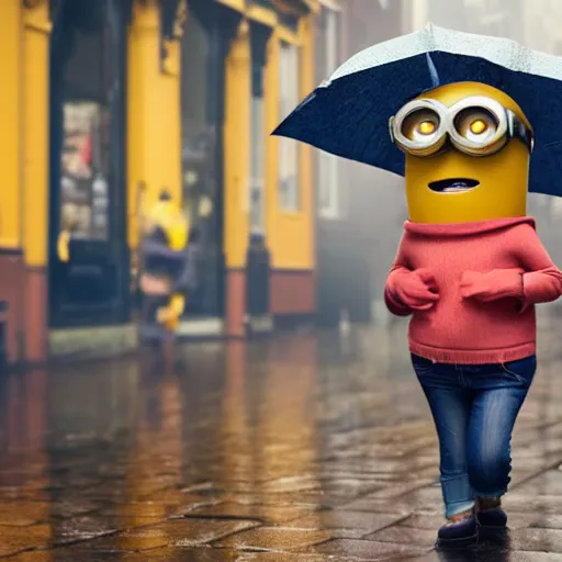 Prompt: a super cute minion walking on the streets of amsterdam in the rain, movie still, photorealistic 4 k