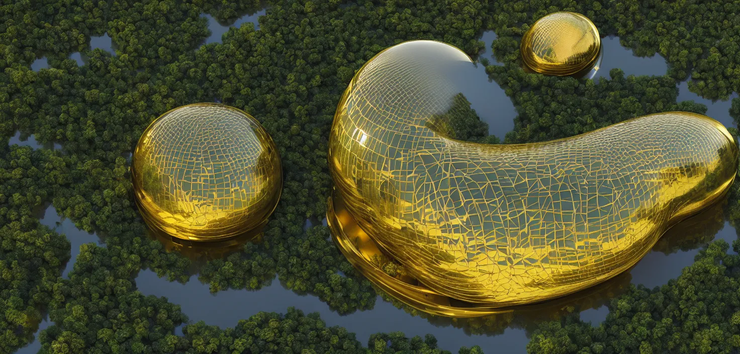 Image similar to futuristic shinny golden mirror building camouflaged in an jungle landscape of a solarpunk world by frank gerhy and oscar niemeyer, shinny golden roads and bridges designed by zaha hadid, movie poster, spiral golden ratio, at dusk lighting, evening lighting, reflections, film still, hyper realistic, octane render redshift arnold materials unreal engine, 8 k post production, hyper detailed