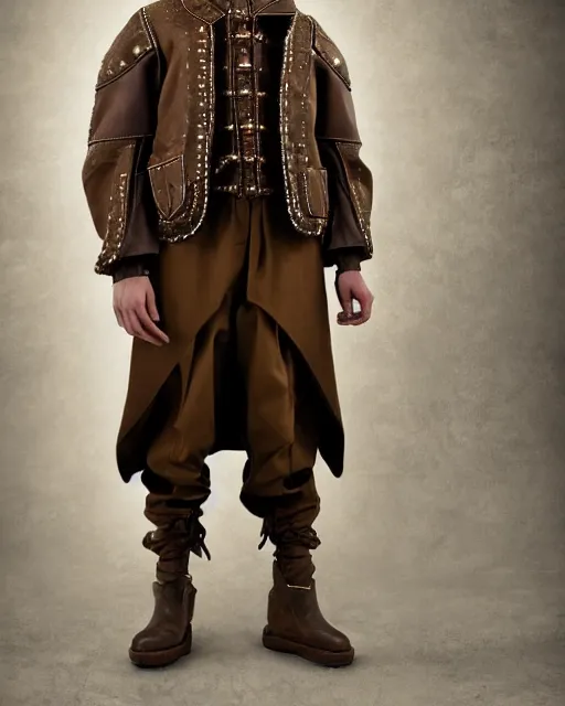 Prompt: a fashion editorial photo of a brown extremely baggy short ancient medieval designer menswear motorcycle jacket with an oversized collar and baggy bootcut trousers designed by alexander mcqueen, 4 k, studio lighting, wide angle lens