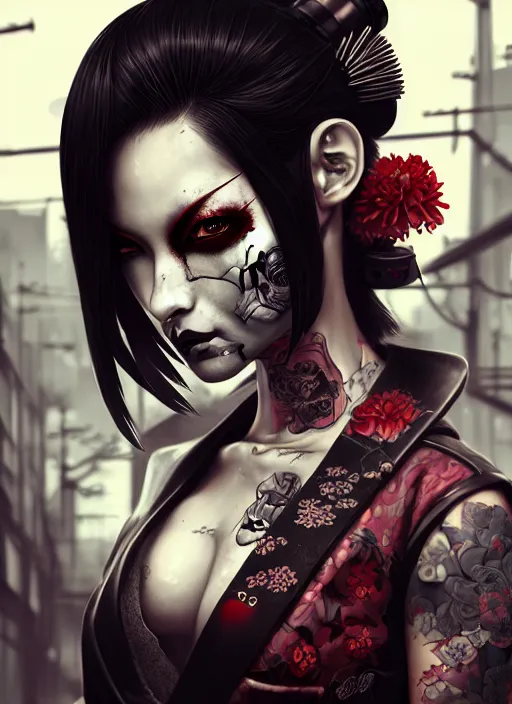 Prompt: geisha yakuza gothic cyborg cyberpunk gutter punk, urban decay, decay, underworld, dark art, highly detailed, digital painting, octane render, artstation, concept art, smooth, sharp focus, illustration, art by artgerm, loish, wlop