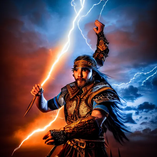 Image similar to photo of a sorcerer warrior with lightning powers, highly detailed, 4 k, hdr, smooth, sharp focus, high resolution, award - winning photo