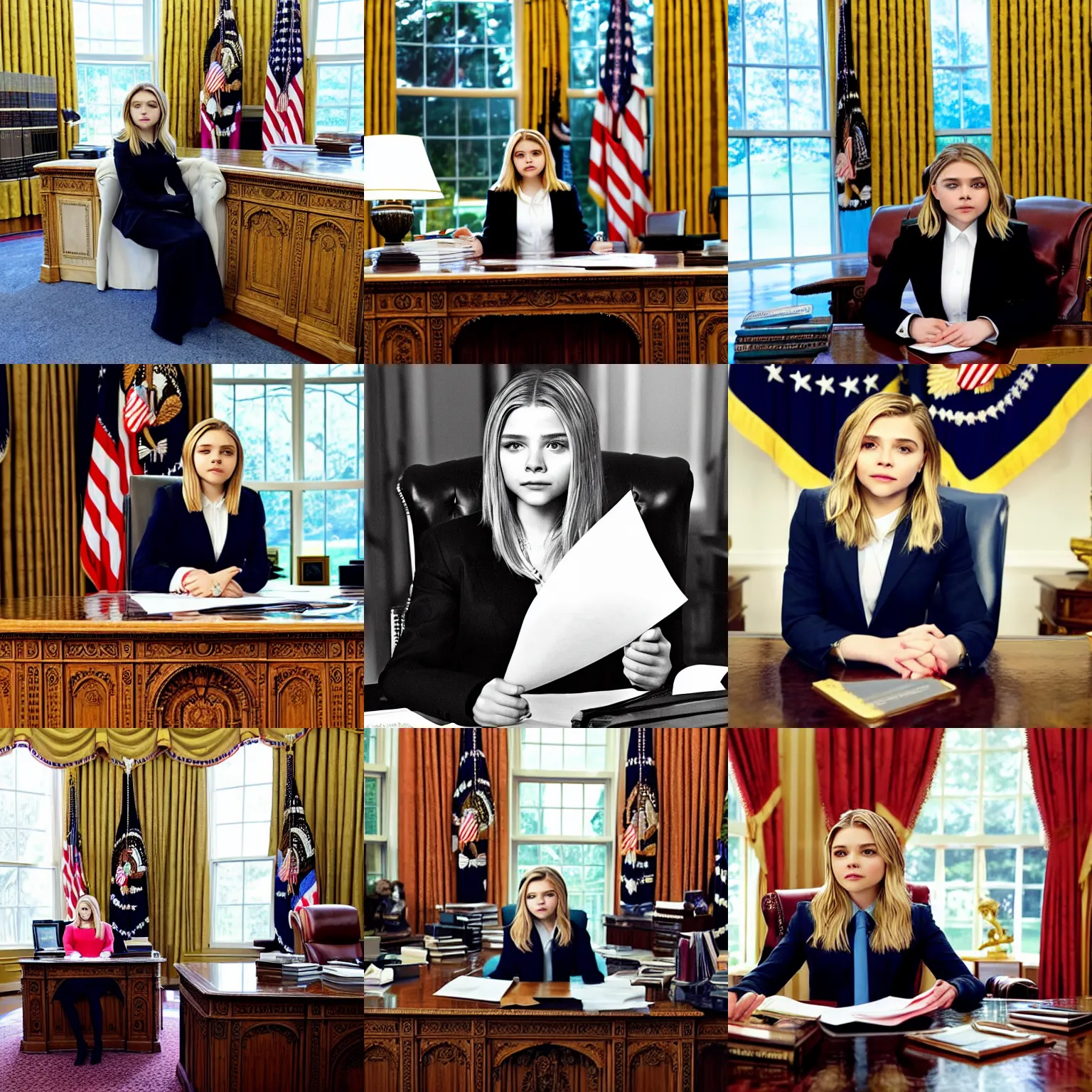 Prompt: Chloë Grace Moretz as President of the United States, sitting at her desk in the Oval Office, official photo portrait