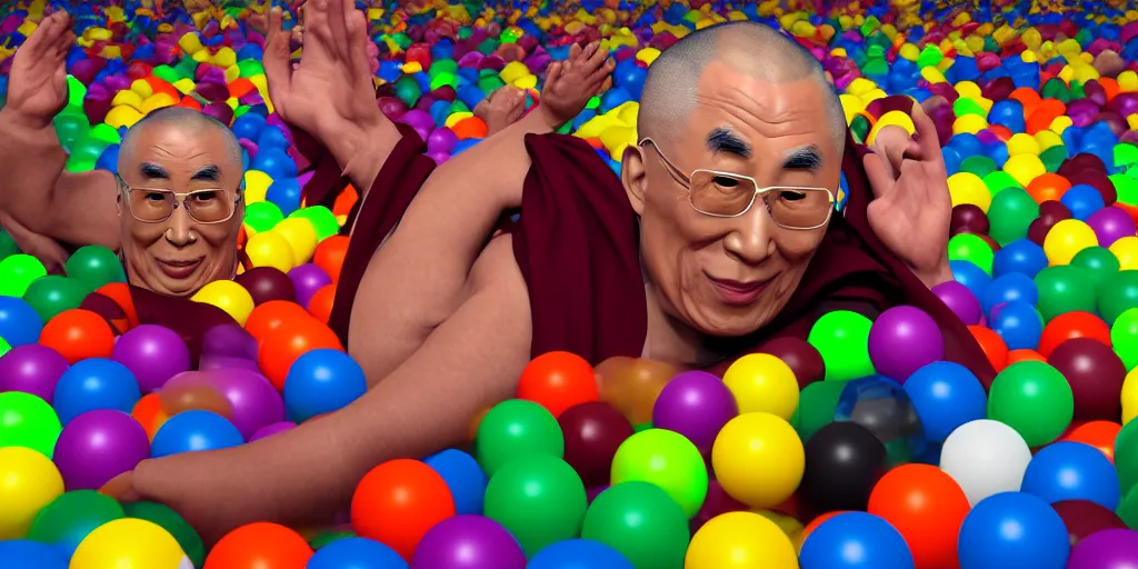 Prompt: a photo of 8k ultra realistic Dalai Lama in a ball pit, face enhance, cinematic lighting, trending on artstation, 4k, hyperrealistic, focused, extreme details, unreal engine 5, cinematic, masterpiece