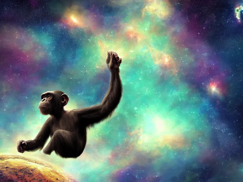 Prompt: a chimpanzee floating through outer space reaching out and touching nebula with it's finger, digital art, concept art, DeviantArt, art station illustration highly detailed artwork cinematic hyper realistic