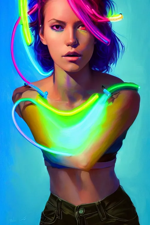 Image similar to a award winning half body portrait of a beautiful woman with stunning eyes in a croptop and cargo pants with rainbow colored hair, outlined by whirling illuminated neon lines and fine lines swirling in circles by jesper ejsing, rhads, makoto, shinkai, lois van baarle, digital art, trending on artstation