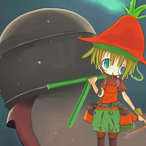 Prompt: cute human robot with big tomato hat and a carrot sword, made in abyss style