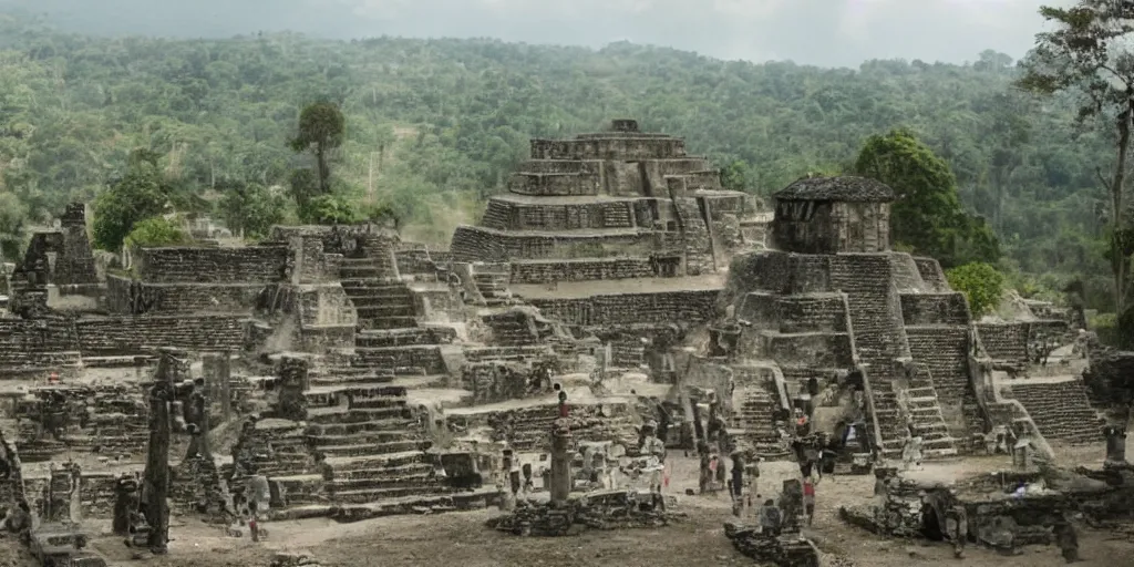 Prompt: photo of mayans and aliens in a village