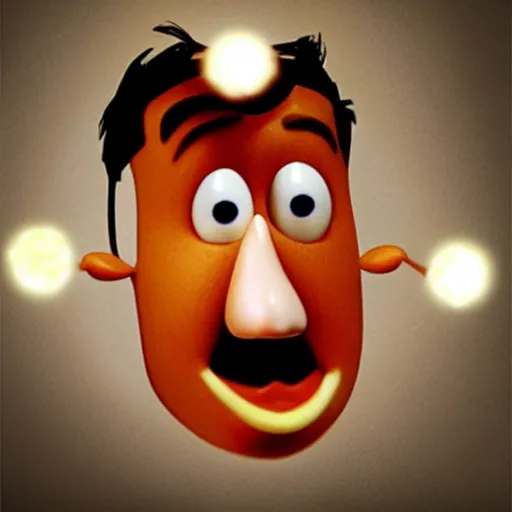 Image similar to photo of [ a single french fry chip ] shaped into stephen fry as a pixar character hybrid intercross mix cinematic lighting