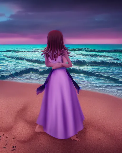 Prompt: a 1 8 - year - old girl wearing a violet dress, standing on a beach, with her eyes on the dusk, natural lighting, hyperdetailed anime - styled illurstration, 4 k