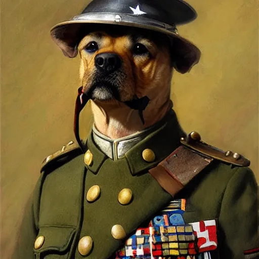 Image similar to old dog with big mustache dressed as a antropormophhic dog veteran colonel of the first world war german army, a dog as a human, highly detailed painting by gaston bussiere, craig mullins, j. c. leyendecker