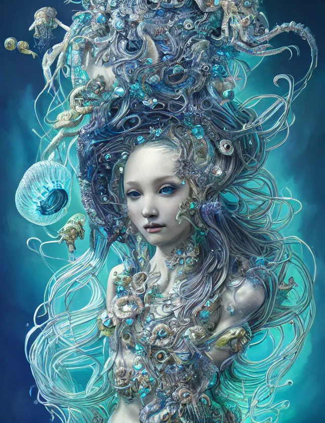 Image similar to goddess macro shouler portrait from bottom to top in crown made of ram skull. betta fish, jellyfish phoenix, bioluminiscent, plasma, ice, water, wind, creature, super intricate ornaments artwork by tooth wu and wlop and shofff and greg rutkowski