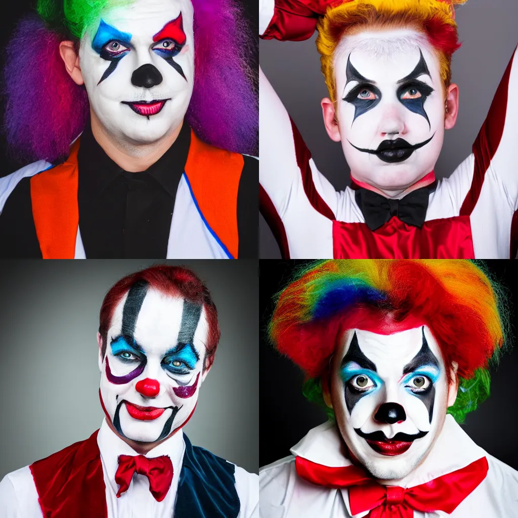 Prompt: Portrait photo of a circus clown wearing white facepaint