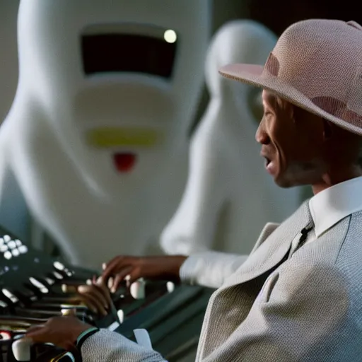 Image similar to cinematic film still of Pharrell Williams Making A Beat with an anthropomorphic alien, Japanese VFX, 2018, 400mm lens, f1.8, shallow depth of field,film photography