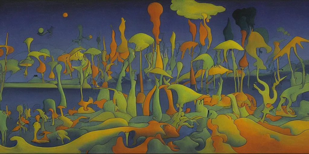 Prompt: a night landscape background, paul ranson, rob gonsavles, yves tanguy
