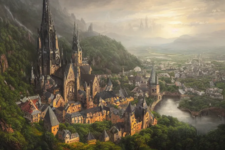 Image similar to an ultra detailed matte landscape painting of an german medieval capital city built into the side of a mountain, gothic architecture, sweeping vista, a large highway leading to tiny coastal fishing village very far away, ultrawide lens, aerial photography, 8 k, volumetric lighting, smooth, highly detailed, digital illustration, art by greg rutkowski and akira toriyama and artgerm