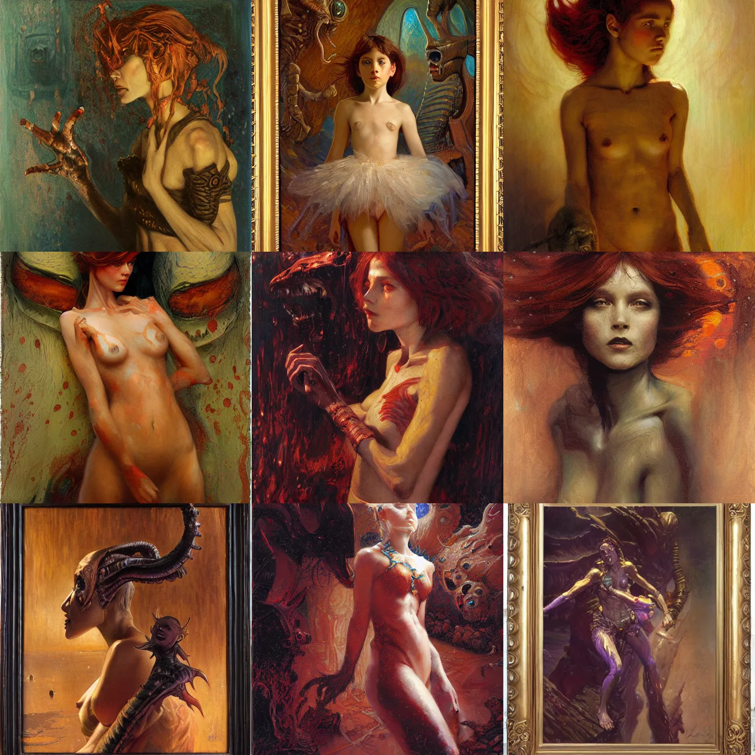 Prompt: piece titled the alien girl in the demonic world, female, highly detailed oil on watercolor wood block print by gaston bussiere, craig mullins, j. c. leyendecker 8 k