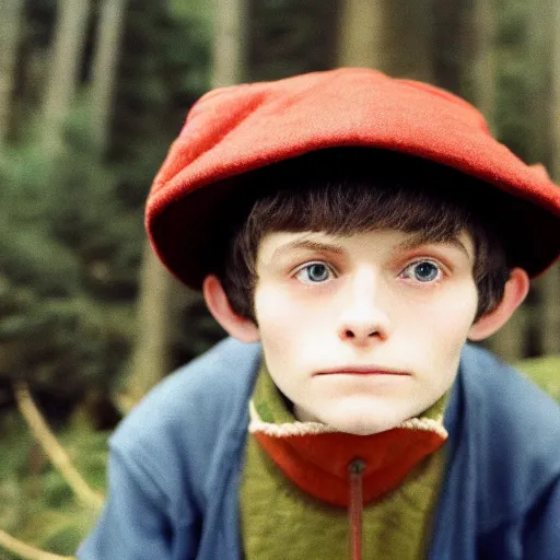 Image similar to super close up portrait of wirt from over the garden wall. a 1 6 years old gloomy awkward boy with big brown eyes and shaggy brown hair wearing a red dunce hat and a blue navy cape, standing in the forest, kodachrome photograph, 1 9 9 5, 4 k, canon, flash photography