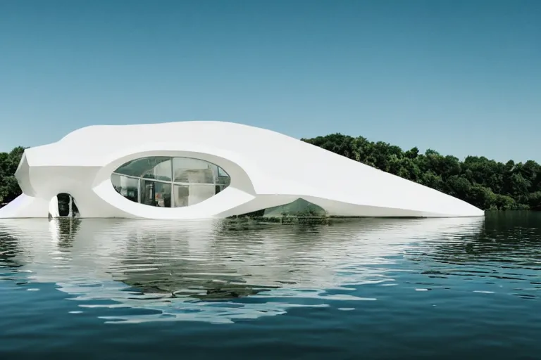 Prompt: a building formed by many white bubble shaped spaces arranged and combined, on the calm lake, people's perspective