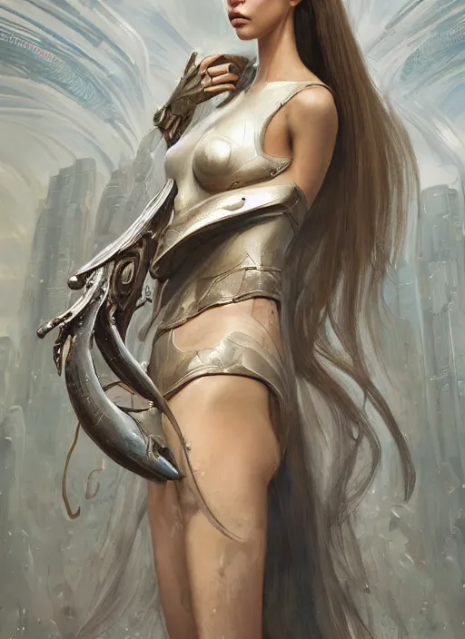 Image similar to a professional painting of a beautiful young female alien, clothed in ethereal armor, olive skin, long dark hair, beautiful bone structure, symmetrical facial features, intricate, elegant, digital painting, concept art, smooth, sharp focus, illustration, from Valerian and the City of a Thousand Planets, by Ruan Jia and Mandy Jurgens and Artgerm and William-Adolphe Bouguerea