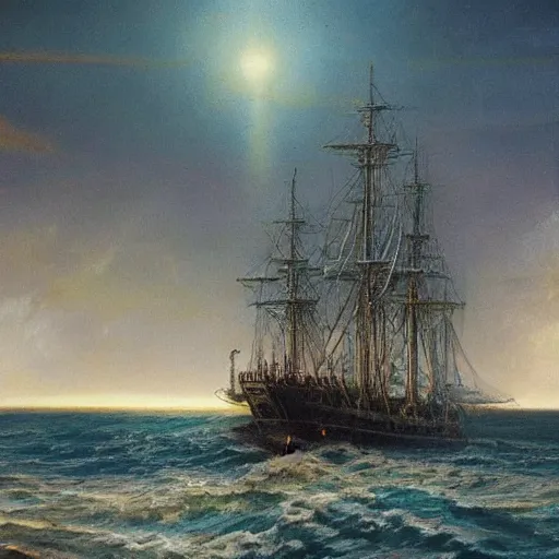 Image similar to a beautiful coastline with an ominous biopunk tower with glowing lights rising in the distance with a sailing ship in the foreground, painting by John Berkley