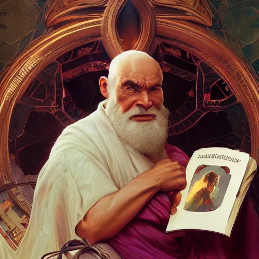 Image similar to nostradamus trying to guess what his birthday gift is, art by artgerm and greg rutkowski and alphonse mucha, concept art, octane render, unreal engine 5, highly detailed, high quality, 8 k, soft lighting, realistic face, path traced