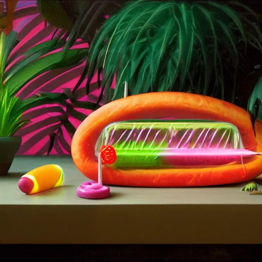 Image similar to a neon translucent transparent plastic hotdog surrounded by bits of fur, popsicles, and exotic tropical plants, chiaroscuro baroque painting, still life, detailed octane render, 8k