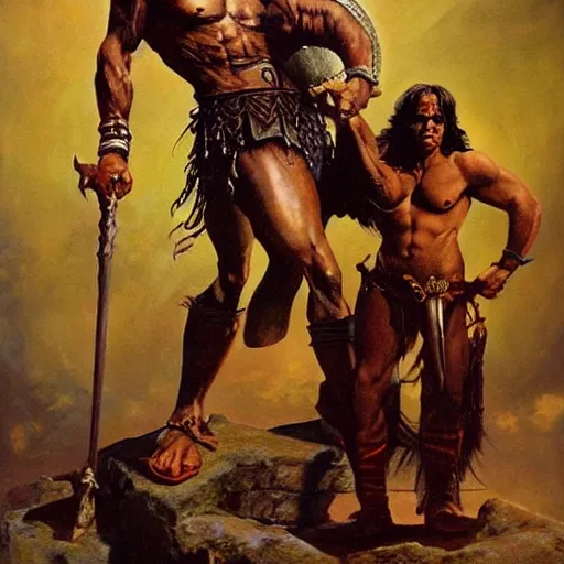 Image similar to “painting of Richard Dawkins as Conan the barbarian, with maiden clinging to his leg, by frank frazetta, detailed, 4K, artstation”