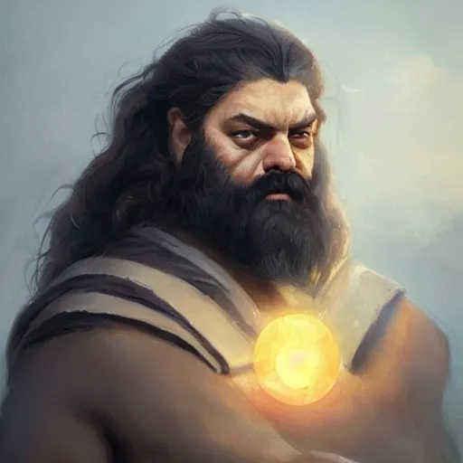 Prompt: a beautiful portrait of a Greek god based on Hagrid with glowing eyes by Greg Rutkowski and Raymond Swanland, Trending on Artstation, cloudy background, ultra realistic digital art
