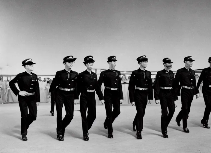 Image similar to SS officers in black SS uniforms walking on the catwalk of a Hugo Boss fashion show in the early 40's, promotional pictures, 8k, colourised and restored