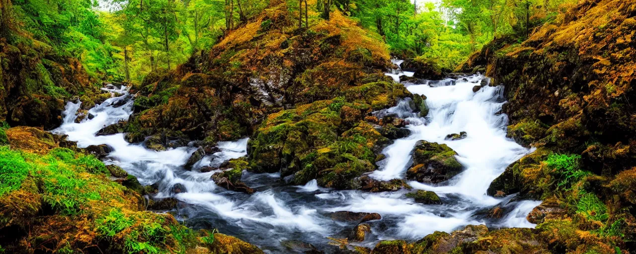 Prompt: beautiful landscape, hilly mountains, rivers, waterfalls, vistas, foliage