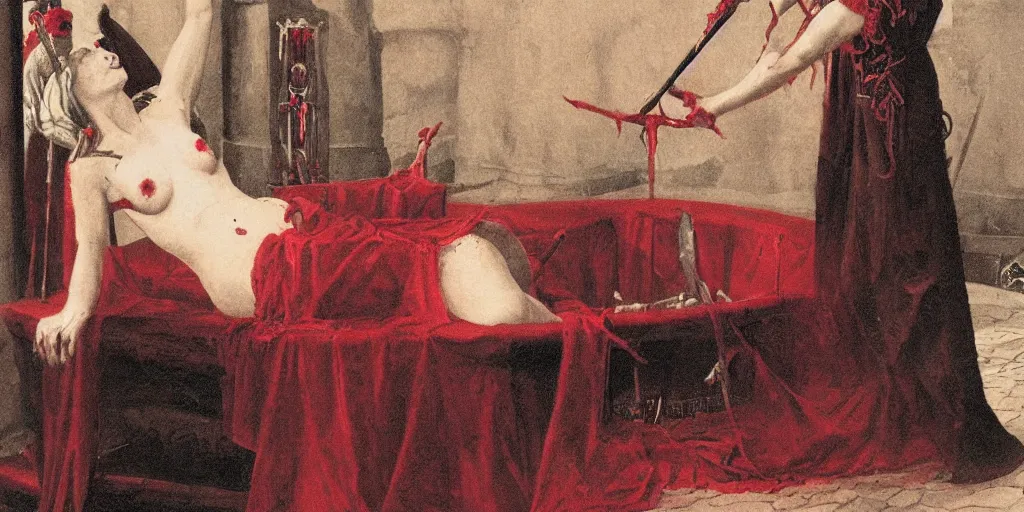 Prompt: the countess bathory in her bloodbath, succubus