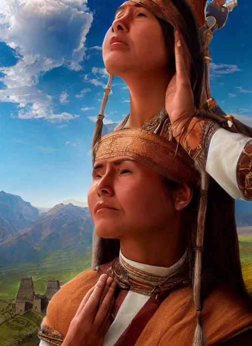 Image similar to incan female priest starring at the sky, with arms up, praying at the sky, realistic face, matte painting, fantasy art