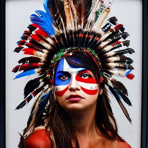 Image similar to a beautiful portrait sculpture designed by Sandra Chevrier, american indian headdress, American stars and stripes on face, by Annie Leibovitz