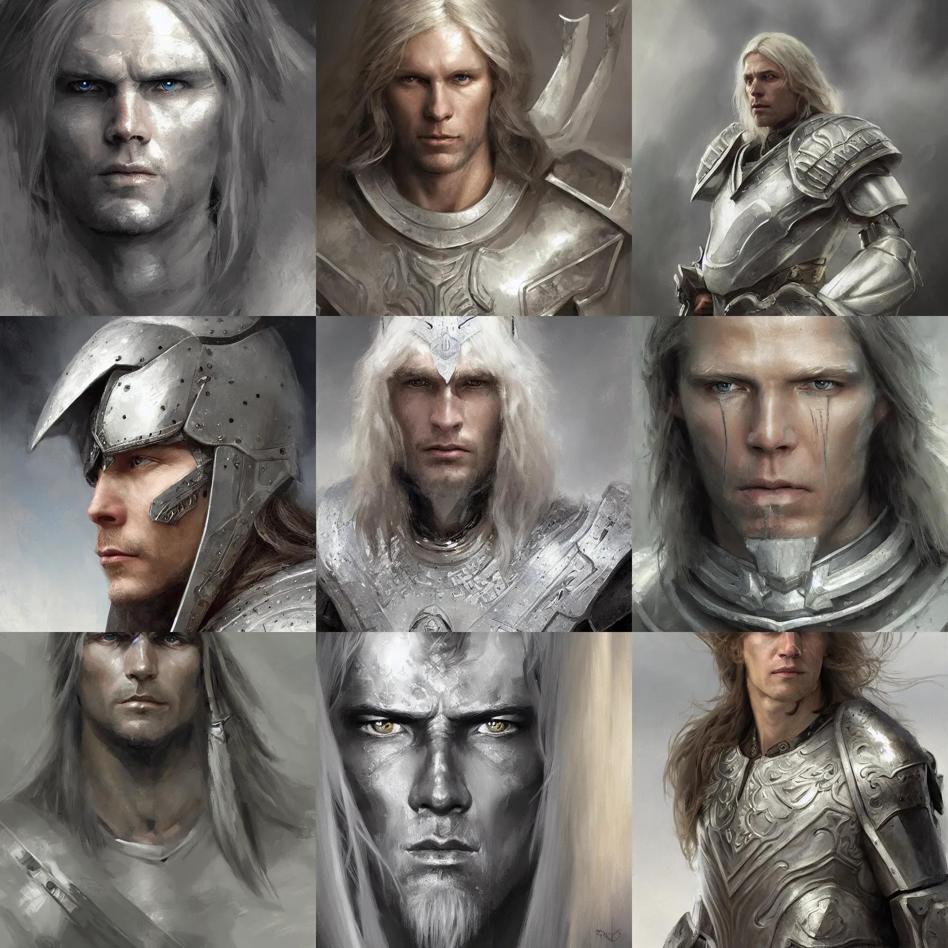 Prompt: digital art painting of bjorn andresen, white long straight hair, wearing a white silver armor dnd portrit painted by craig mullins and gaston bussiere and greg rutkowski, symmetrical face, defined facial features, symmetrical facial features, dramatic lighting