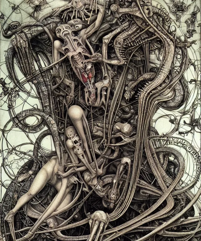 Prompt: realistic detailed photo of the miracle of life by H.R.Giger, Vania Zouravliov, hieronymus bosch, by Ayami Kojima, Amano, Takato Yamamoto