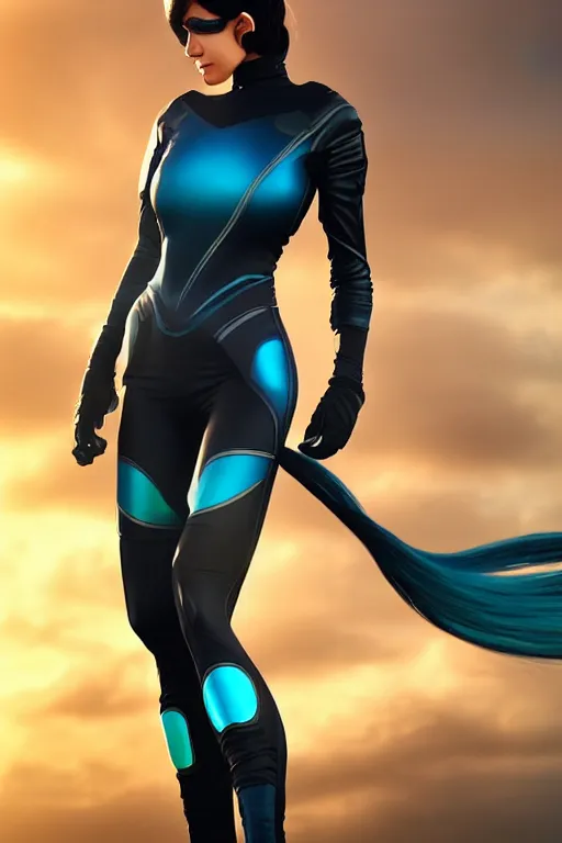 Image similar to a stunning picture of a beautiful young woman wearing futuristic deep black battle bodyarmor and leggings with ombre navy blue teal hairstyle blowing in the wind by marvel comics, digital art, trending on artstation