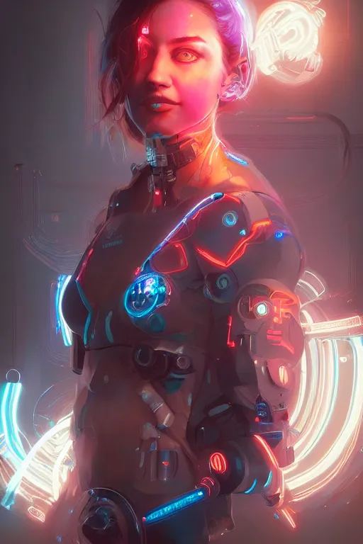 Image similar to portrait of a trippy cyborg girl with biotechnical parts and neon light by Artgerm and Greg Rutkowski , digital painting, highly detailed, trending on artstation