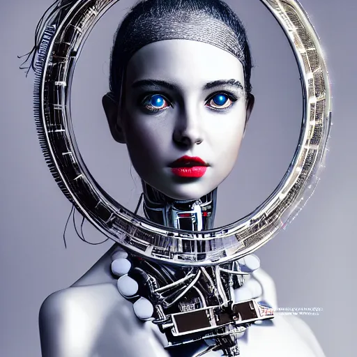 Image similar to beautiful centered fine art photo portrait of romantic beautiful girl with solarpunk robotic humanoid metal mechanical parts with led lights, pudica pose, photorealistic, white background, highly detailed and intricate, soft box lighting, hdr 8 k