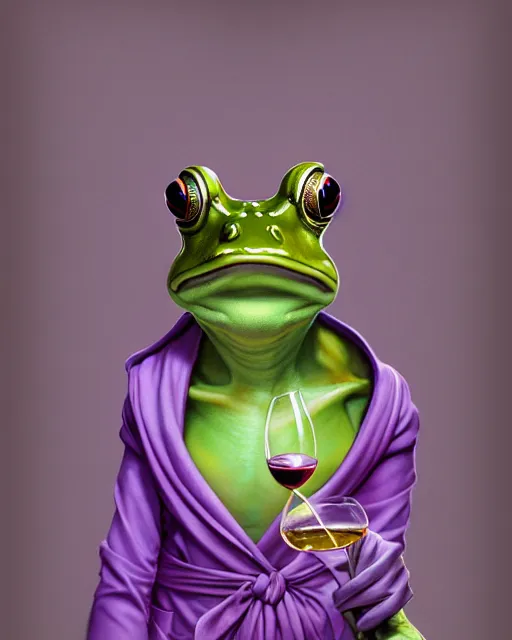 Prompt: anthropomorphic art of an elegant green frog, with wine, in a lilac dressing gown by artgerm, victo ngai, ryohei hase, artstation, highly detailed digital painting, smooth, global illumination, fantasy art by greg rutkowsky, karl spitzweg, leyendecker