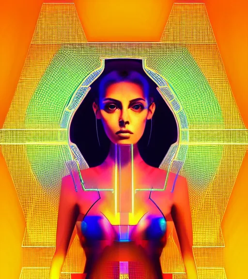 Image similar to symmetry!! latin princess of technology, solid cube of light, hard edges, product render retro - futuristic poster scifi, lasers and neon circuits, beautiful woman latin princess, intricate, elegant, highly detailed, digital painting, artstation, concept art, smooth, sharp focus, illustration, dreamlike, art by artgerm