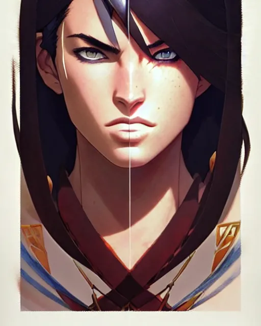 Image similar to azctec warrior, megan fox, detailed perfect face, exquisite details, fire magic, mid view, design on a white background, by studio muti, greg rutkowski makoto shinkai takashi takeuchi studio ghibli