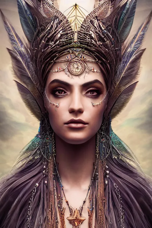 Prompt: a mystical render of a single alluring mystical tribal goddess adorned with feathers and gemstones and cables and synthesizer parts is surrounded by sacred geometry made from elven architecture, full body, gorgeous, perfect face, powerful, cinematic, beautifully lit, by artgerm, by karol bak, 3 d, trending on artstation, octane render, 8 k