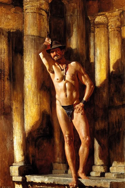 Prompt: indiana jones at a roman bathhouse, painting by, tom of finland, gaston bussiere, craig mullins, j. c. leyendecker