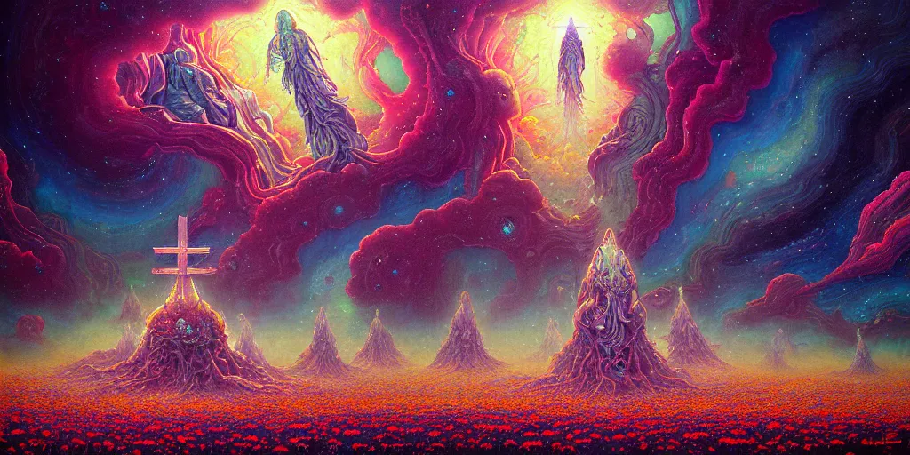 Image similar to a beautiful painting of a large alien shrine shrouded by mystic nebula magic in a field of flowers by moebius and android jones, oil on canvas sharp, details, hyper - detailed, hd, hdr, 4 k, 8 k