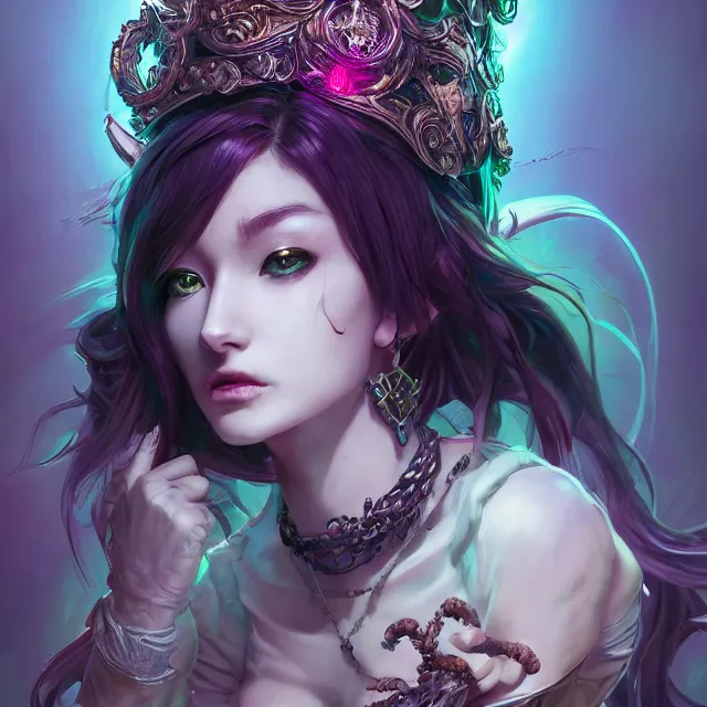 Image similar to the portrait of chaotic evil fallen sensual female necromancer overlord as absurdly beautiful, gorgeous, elegant young idol, an ultrafine hyperdetailed illustration by kim jung gi, irakli nadar, intricate linework, bright colors, octopath traveler, final fantasy, unreal engine 5 highly rendered, global illumination, radiant light, detailed and intricate environment