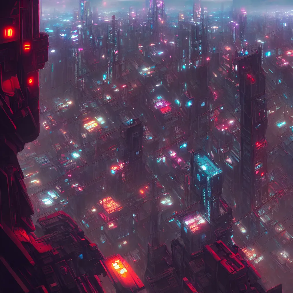 Prompt: looking down on the cyberpunk city from a battleship. cinematic scene, hyperdetailed, extra wide, marc simonetti on artstation.